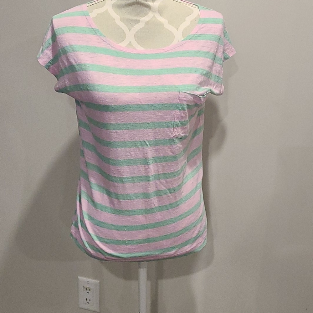 J crew pink & green 100% lined striped ts…